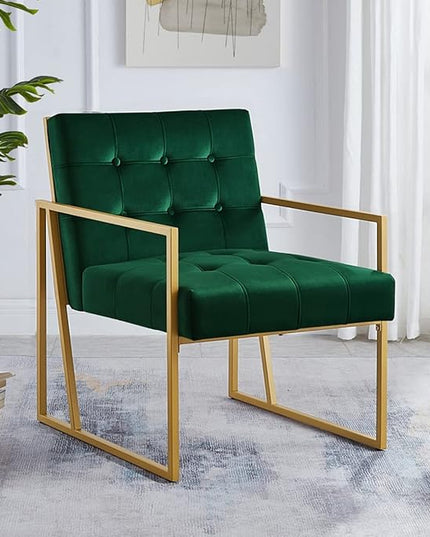 24KF Modern Jade Velvet Button Tufted Accent Chair with Golden Metal Stand, Decorative Furniture Chairs for Living Room Bedroom -Jade - LeafyLoom