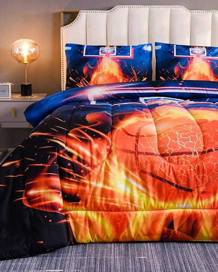 Btargot Basketball Fire Court Comforter Sets Full for Boys Teens,3D Sports Bedding,Soft Microfiber Reversible Quilt with 2 Matching Pillow Shams - LeafyLoom