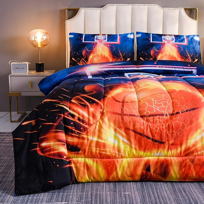Btargot Basketball Fire Court Comforter Sets Full for Boys Teens,3D Sports Bedding,Soft Microfiber Reversible Quilt with 2 Matching Pillow Shams - LeafyLoom