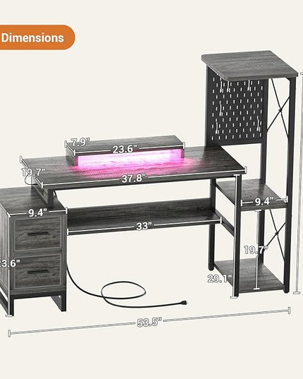 Computer Desk with 2 Fabric Drawers - Reversible Home Office Desk with Power Outlet & LED Lights, 53" Writing Desk with Monitor Stand & Storage Shelves, Gaming Desk Study Table with Pegboard, Grey Oak - LeafyLoom