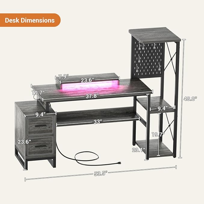 Computer Desk with 2 Fabric Drawers - Reversible Home Office Desk with Power Outlet & LED Lights, 53" Writing Desk with Monitor Stand & Storage Shelves, Gaming Desk Study Table with Pegboard, Grey Oak - LeafyLoom