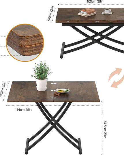 Multifunctional Folding Dining Table, Height Adjustable Lift Top Coffee Transformer Table with Metal legs for Space Saving Living Room Kitchen Tea, Brown - LeafyLoom