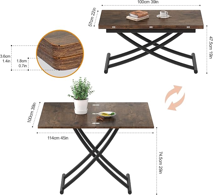 Multifunctional Folding Dining Table, Height Adjustable Lift Top Coffee Transformer Table with Metal legs for Space Saving Living Room Kitchen Tea, Brown - LeafyLoom