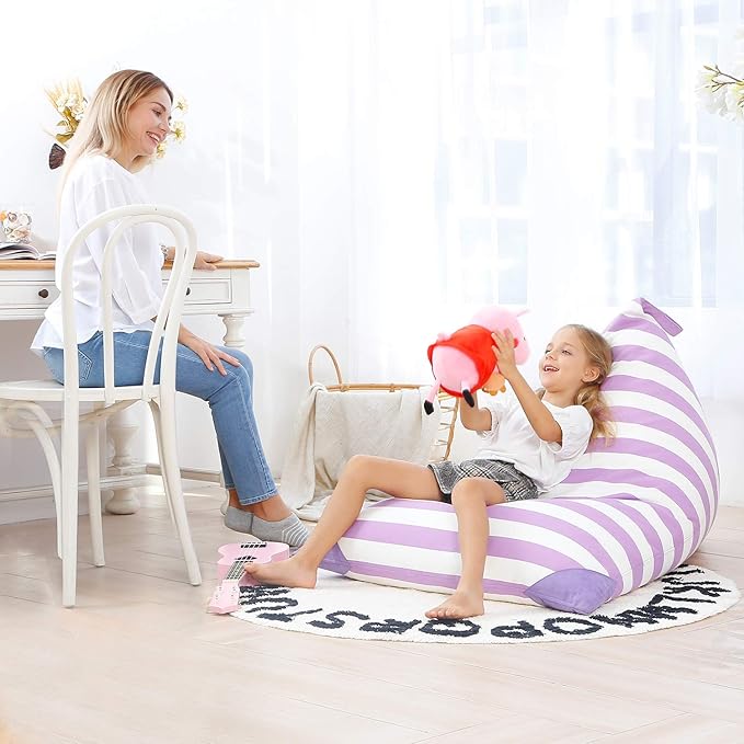 Aubliss Stuffed Animal Storage Bean Bag Chairs Cover, 50"x 35" Extra Large Bean Bags Chair for Kids & Adults, Beanbag Toy Storage for Boys Girls - Premium Cotton Canvas Purple Stripe - LeafyLoom