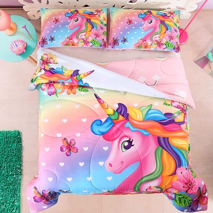 Cute Unicorn Comforter Sets 3pc Pink Flower Girl Colorful Unicorn Bedding Sets Soft Girls Unicorn Rainbow Comforter Sets - LeafyLoom