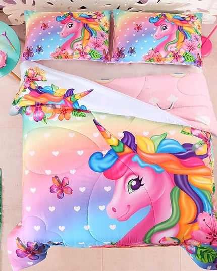 Cute Unicorn Comforter Sets 3pc Pink Flower Girl Colorful Unicorn Bedding Sets Soft Girls Unicorn Rainbow Comforter Sets - LeafyLoom