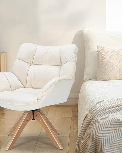 Fabric Accent Chair, Modern Cozy Vanity Chair with Wood Legs, Upholstered Single Boucle Armchair Single Sofa for Living Room Bedroom Office Guest Room Dining Room (Beige) - LeafyLoom
