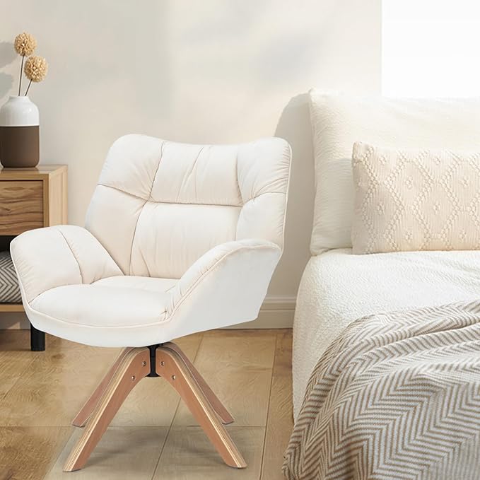 Fabric Accent Chair, Modern Cozy Vanity Chair with Wood Legs, Upholstered Single Boucle Armchair Single Sofa for Living Room Bedroom Office Guest Room Dining Room (Beige) - LeafyLoom