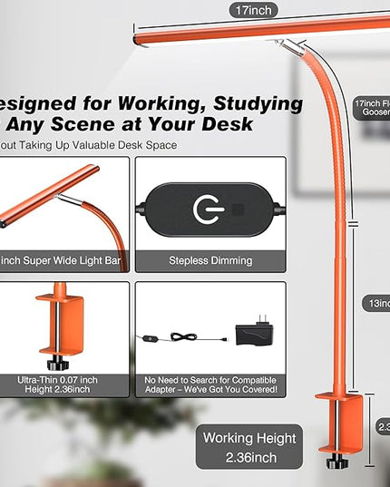 LED Desk Lamp for Office Home, Eye-Caring Desk Light with Stepless Dimming Adjustable Flexible Gooseneck, 10W USB Adapter Desk Lamp with Clamp for Reading, Study, Workbench (Red) - LeafyLoom