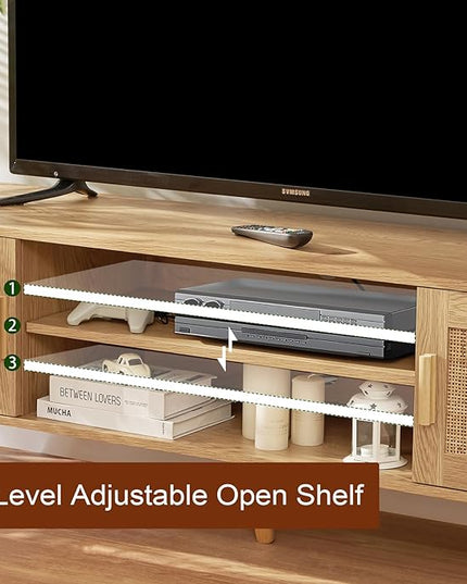 Iwell Boho Rattan TV Stand for 70 inch TV, Large TV Console, Entertainment Center with Adjustable Shelf and 2 Cabinets, Mid Century Modern TV Stands for Living Room, Bedroom, Natural - LeafyLoom