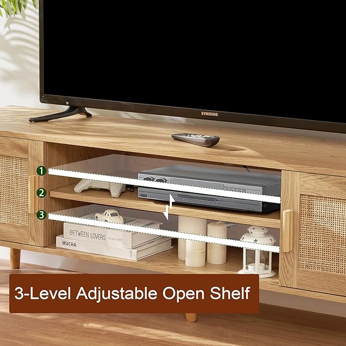 Iwell Boho Rattan TV Stand for 70 inch TV, Large TV Console, Entertainment Center with Adjustable Shelf and 2 Cabinets, Mid Century Modern TV Stands for Living Room, Bedroom, Natural - LeafyLoom