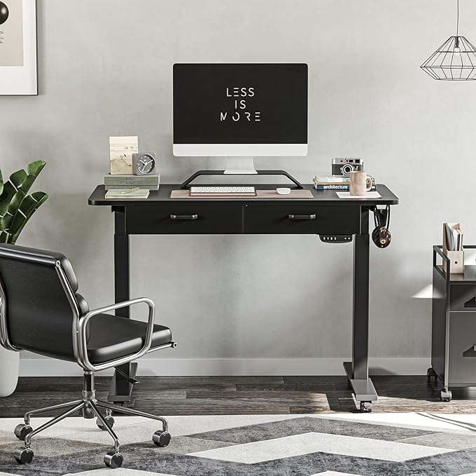 BANTI 48'' Adjustable Height Electric Standing Desk with Double Drawer, Stand Up Home Office Desk with Splice Tabletop, Black - LeafyLoom
