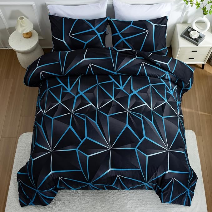 NTBED 3D Geometric Comforter Set for Boys Kids, Irregular Diamond Pattern Lightweight Microfiber Bedding Sets All Season (Blue,Full) - LeafyLoom