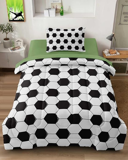 Soccer Comforter Set Twin for Boys Girls, 4 Pieces Soccer Bedding Twin Bed in a Bag Set with Sheets, Black and White Bed Sets for Teenage - LeafyLoom