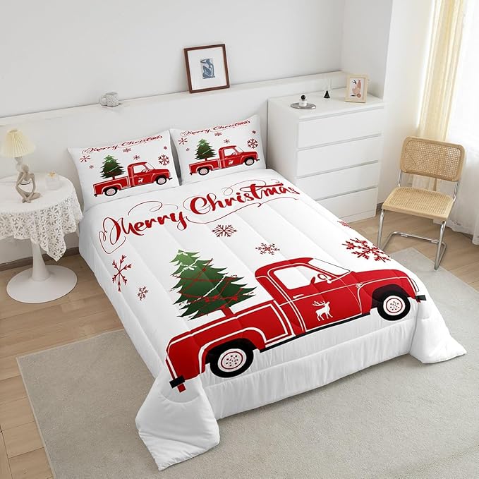 Christmas Tree Comforter Set Full Size Red Truck Bedding Set Boys Girls Red Xmas Gift Snowflakes Comforter for Teens Bedroom Decor Elk Deer Christmas Decorations Bedding Duvet Set - LeafyLoom