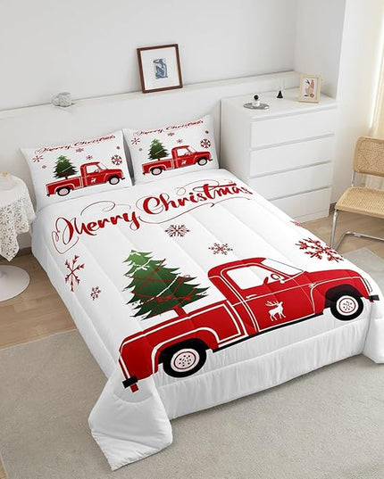 Christmas Tree Comforter Set Twin Size Red Truck Bedding Set Boys Girls Red Xmas Gift Snowflakes Comforter for Teens Bedroom Decor Elk Deer Christmas Decorations Bedding Duvet Set - LeafyLoom