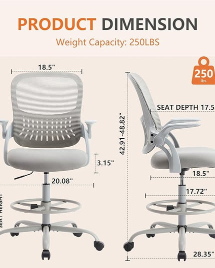 Sweetcrispy Home Office Drafting Desk Chair - Ergonomic High Stool Computer with Adjustable Height and Comfy Lumbar Support, Tall Rolling Task for Standing Desk with Flip-up Arm and Footrest, Grey - LeafyLoom