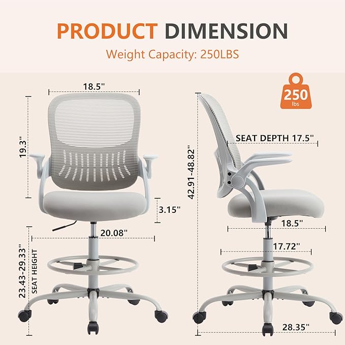 Sweetcrispy Home Office Drafting Desk Chair - Ergonomic High Stool Computer with Adjustable Height and Comfy Lumbar Support, Tall Rolling Task for Standing Desk with Flip-up Arm and Footrest, Grey - LeafyLoom
