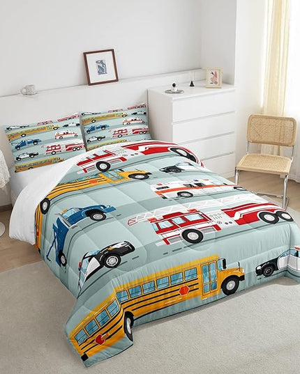 Erosebridal Fire Truck Comforter Set,Police Car Down Comforter King Size,School Bus Bedding Set for Kids Boys Teens Youth,Equipped Truck Cartoon Vehicle Quilt Duvet Insert Bedroom Dorm Decor 3 Pcs - LeafyLoom