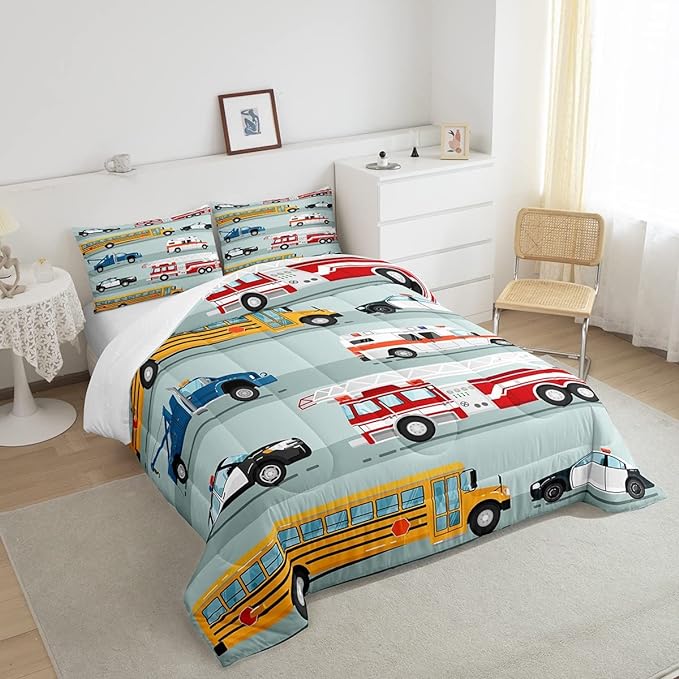 Erosebridal Fire Truck Comforter Set,Police Car Down Comforter King Size,School Bus Bedding Set for Kids Boys Teens Youth,Equipped Truck Cartoon Vehicle Quilt Duvet Insert Bedroom Dorm Decor 3 Pcs - LeafyLoom