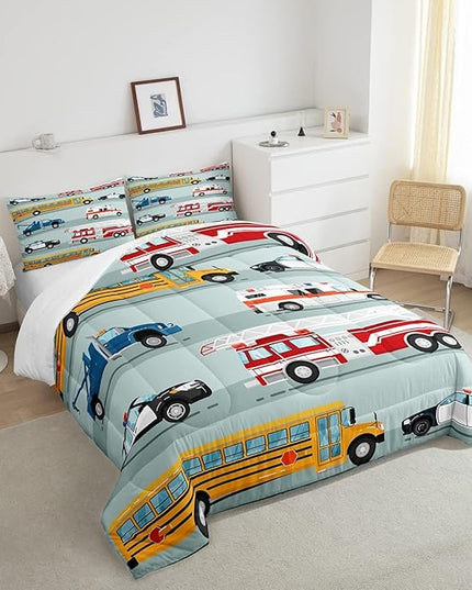 Erosebridal Fire Truck Comforter Set,Police Car Down Comforter Queen Size,School Bus Bedding Set for Kids Boys Teens Youth,Equipped Truck Cartoon Vehicle Quilt Duvet Insert Bedroom Dorm Decor 3 Pcs - LeafyLoom