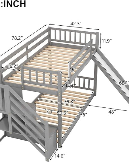 Twin Bunk Bed with Convertible Slide and Stairs, Wooden Low BunkBed Frame for Kids Teens Bedroom, Dorm, Gray - LeafyLoom