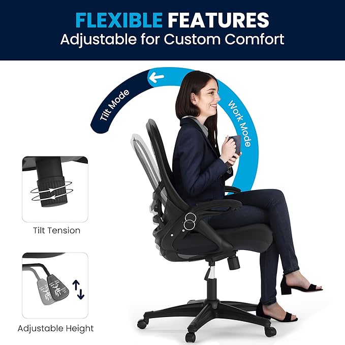 Flash Furniture Porter High-Back Swivel Office Chair with Adjustable Lumbar Support and Seat Height, Ergonomic Mesh Desk Chair with Flip-Up Armrests, Black - LeafyLoom