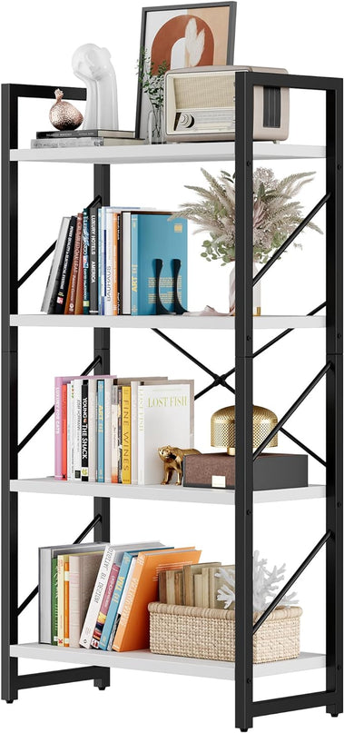 DWVO 4 Tier Bookshelf, Small Book Shelf Modern Bookcase, Narrow Book Case Book Storage Organizer for CD/Movie/Book, Bookshelves for Bedroom Office Living Room, White & Black - LeafyLoom
