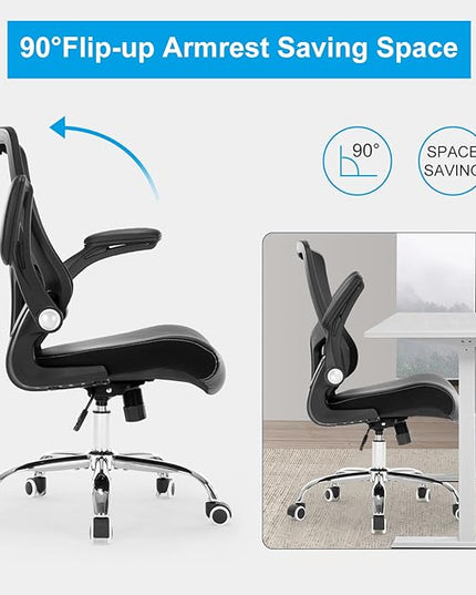 Office Chair Ergonomic Desk Chair with PU Leather Cushion Home Office Desk Chair, Computer Task Chair with Adjustable Lumbar Support & Flip-up Arms Swivel Mesh Back Executive Chair - LeafyLoom