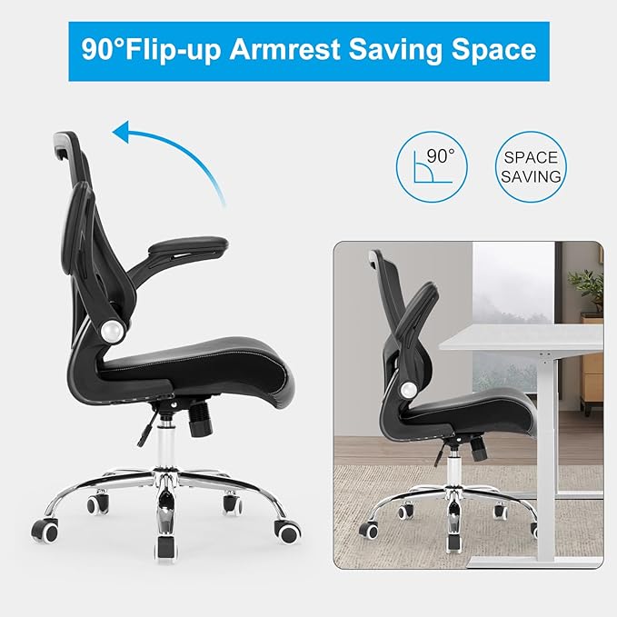 Office Chair Ergonomic Desk Chair with PU Leather Cushion Home Office Desk Chair, Computer Task Chair with Adjustable Lumbar Support & Flip-up Arms Swivel Mesh Back Executive Chair - LeafyLoom