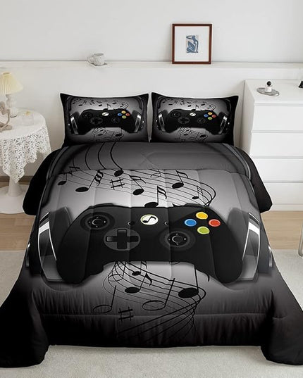 Gamer Comforter Set King Size,Black Grey Headphones Musical Design Games Gamepad Bedding Set for Kids Boys Video Game Room Decor Retro Playing Gamer Down Comforter Gaming Controller Quilted Duvet Set - LeafyLoom
