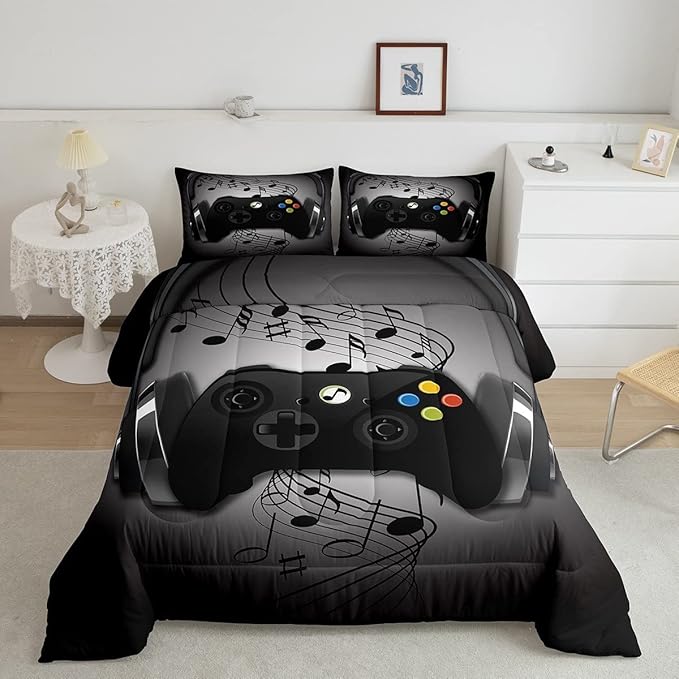 Gamer Comforter Set King Size,Black Grey Headphones Musical Design Games Gamepad Bedding Set for Kids Boys Video Game Room Decor Retro Playing Gamer Down Comforter Gaming Controller Quilted Duvet Set - LeafyLoom