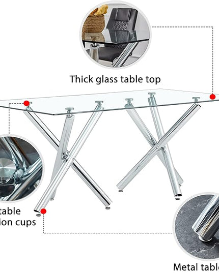 NicBex Large Modern Minimalist Rectangular Glass Dining Table for 6-8 with 0.39" Tempered Glass Tabletop and Silver Chrome Metal Legs for Kitchen Dining Living Meeting Room Banquet Hall, Transparent - LeafyLoom