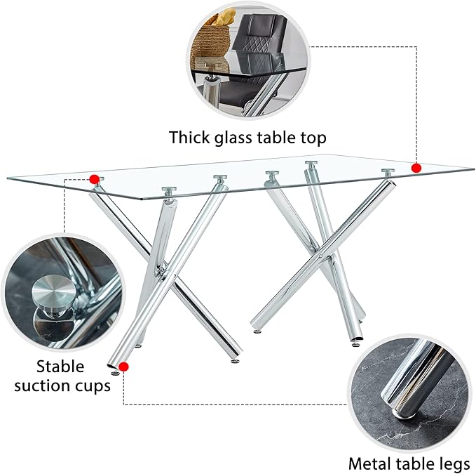 NicBex Large Modern Minimalist Rectangular Glass Dining Table for 6-8 with 0.39" Tempered Glass Tabletop and Silver Chrome Metal Legs for Kitchen Dining Living Meeting Room Banquet Hall, Transparent - LeafyLoom
