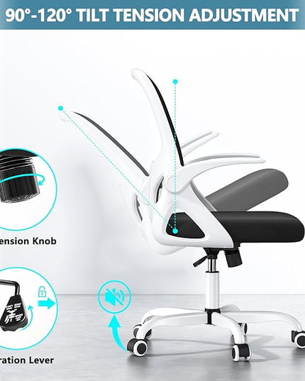 Office Desk Chair with Lumbar Support Ergonomic Mesh Office Chair with Wheels and Flip-up Armrests Adjustable Height Swivel Computer Chair for Home and Office (White) - LeafyLoom