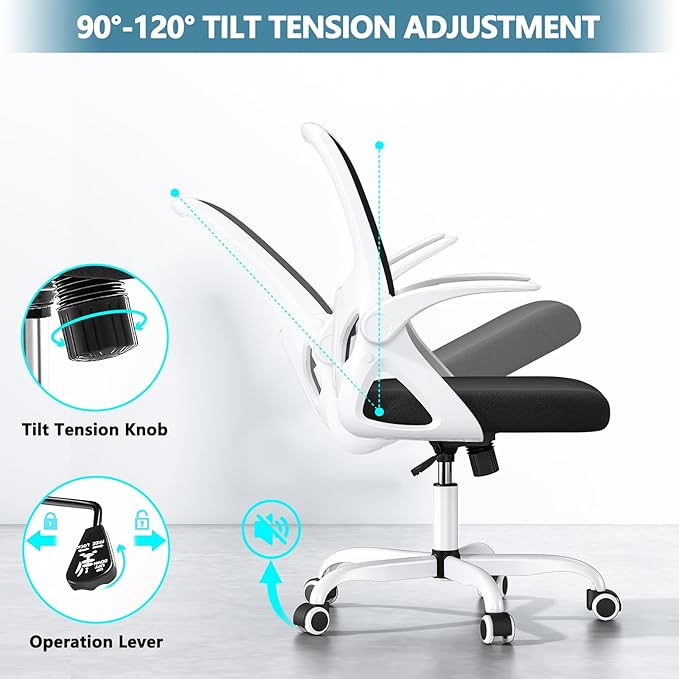 Office Desk Chair with Lumbar Support Ergonomic Mesh Office Chair with Wheels and Flip-up Armrests Adjustable Height Swivel Computer Chair for Home and Office (White) - LeafyLoom