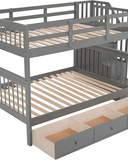 Full Over Full Bunk Bed with Stairs Storage and 3 Drawers, Wooden Stairway Bunkbeds, can be Divided into two Platform Bedframe, for Kids Teens Adults Bedroom, Gray - LeafyLoom