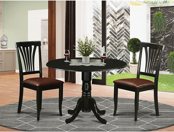 East West Furniture Dublin 3 Piece Set Contains a Round Dining Room Table with Dropleaf and 2 Faux Leather Upholstered Kitchen Chairs, 42x42 Inch, Black - LeafyLoom
