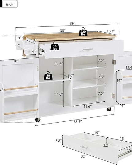Kitchen Island with Storage on Wheels, Kitchen Island Cart w/Storage&Divider, Internal Canibet Rack, Adjustable Shelf Tower Rack for Dinning Room Coffee Bar, Rubber Wood Contertop - LeafyLoom