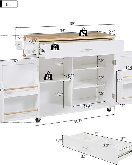 Island with Storage, Rolling Kitchen Cart on Wheels w/Drop Leaf, Internal Cabinet, Adjustable Shelf Towel Rack and Rubber Wood Countertop, for Dining Room, Home, White, 39 Inch - LeafyLoom