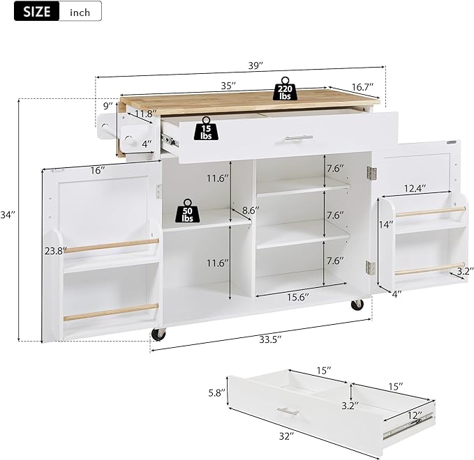 Island with Storage, Rolling Kitchen Cart on Wheels w/Drop Leaf, Internal Cabinet, Adjustable Shelf Towel Rack and Rubber Wood Countertop, for Dining Room, Home, White, 39 Inch - LeafyLoom