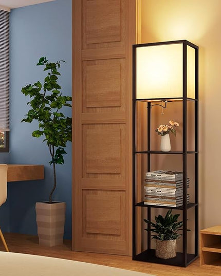 Floor Lamp with Shelves Plus, 4-Tier Modern Shelf Floor Lamp with 2700 4000K 5000K Color Selectable, Display Lamp for Living Room Bedroom Office, 15W LED Bulb(Walnut). - LeafyLoom