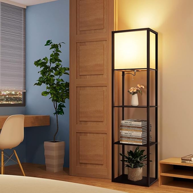 Floor Lamp with Shelves Plus, 4-Tier Modern Shelf Floor Lamp with 2700 4000K 5000K Color Selectable, Display Lamp for Living Room Bedroom Office, 15W LED Bulb(Walnut). - LeafyLoom