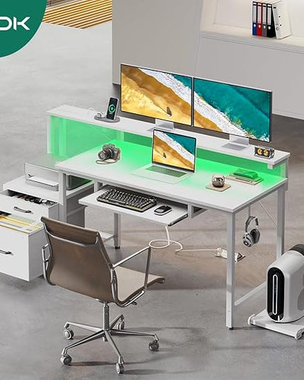 AODK 55 Inch Computer Desk with Power Outlet and LED Light, Reversible Office Desk with File Cabinet and Drawer, Gaming Desk with Keyboard Tray, Study Table with Full Monitor Riser and PC Stand, White - LeafyLoom