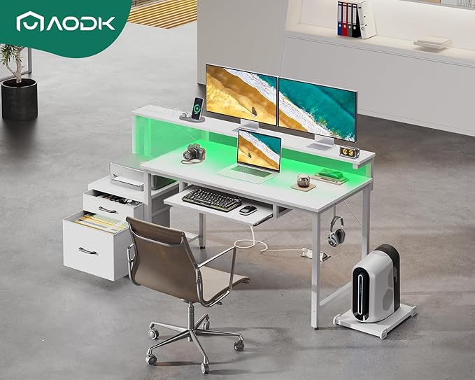 AODK 55 Inch Computer Desk with Power Outlet and LED Light, Reversible Office Desk with File Cabinet and Drawer, Gaming Desk with Keyboard Tray, Study Table with Full Monitor Riser and PC Stand, White - LeafyLoom