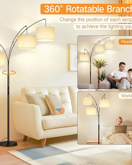 OUTON Arc LED Floor Lamp with Remote & Touch Control, Dimmable Modern Black 3 Light Arched Tall Floor Lamp, Mid Century Adjustable Standing Corner Lamps for Bedroom, Office, Living Room - LeafyLoom