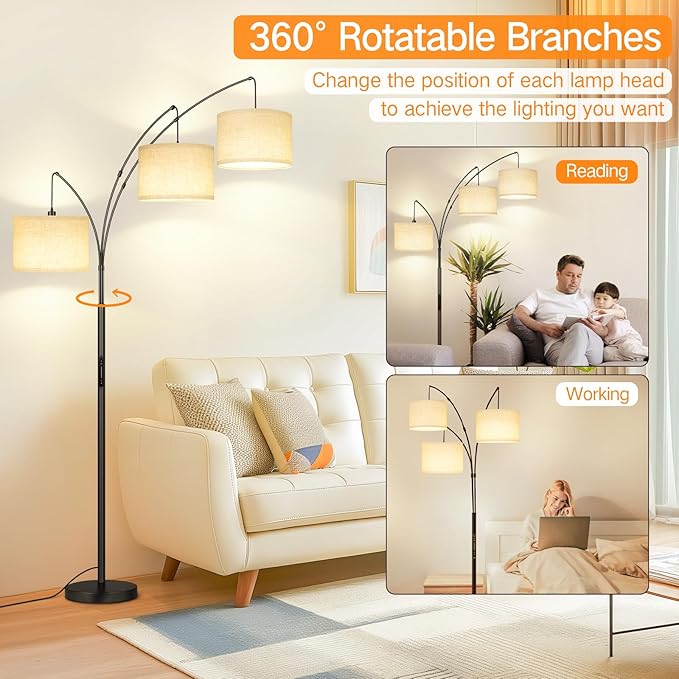 OUTON Arc LED Floor Lamp with Remote & Touch Control, Dimmable Modern Black 3 Light Arched Tall Floor Lamp, Mid Century Adjustable Standing Corner Lamps for Bedroom, Office, Living Room - LeafyLoom