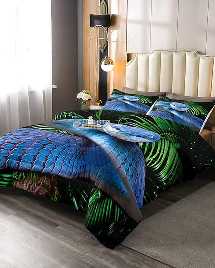 Erosebridal Snake Comforter Set Twin, Blue Snake Duvet Set, 3D Reptile Bedding Comforters, Blue Scales Quilt Set, Palm Leaf Wild Animal Stylish Quilted Duvet for Kids Boys Teens Man Bedroom Decor - LeafyLoom