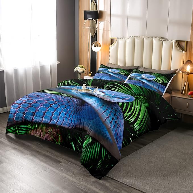 Erosebridal Snake Comforter Set Twin, Blue Snake Duvet Set, 3D Reptile Bedding Comforters, Blue Scales Quilt Set, Palm Leaf Wild Animal Stylish Quilted Duvet for Kids Boys Teens Man Bedroom Decor - LeafyLoom