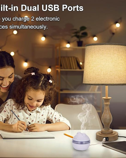 Touch Lamps for Bedrooms Set of 2, Farmhouse Table Lamp with Dual USB Charging Ports, 3 Way Dimmable Nightstand Lamps with Linen Fabric Lampshade for Bedroom, Living Room (Pack2-01A) - LeafyLoom